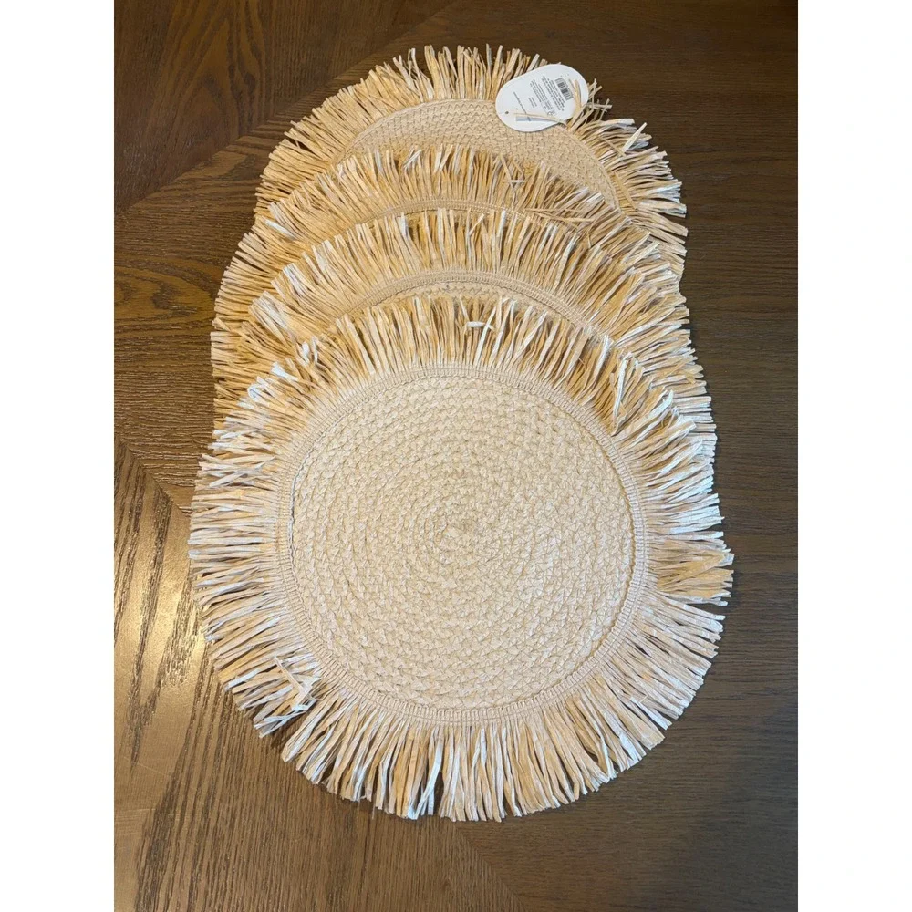 Threshold Set of 4 Woven Round Placemats Natural Tan Boho Fringe 15in